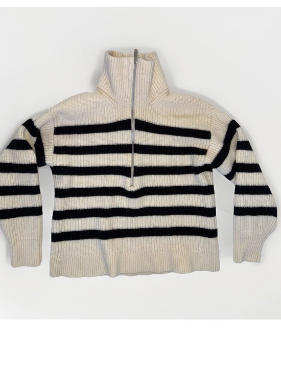 Everlane The Half-Zip Sweater in Luxe Merino Wool Sz Small Cream & Black Stripe - Picture 13 of 14